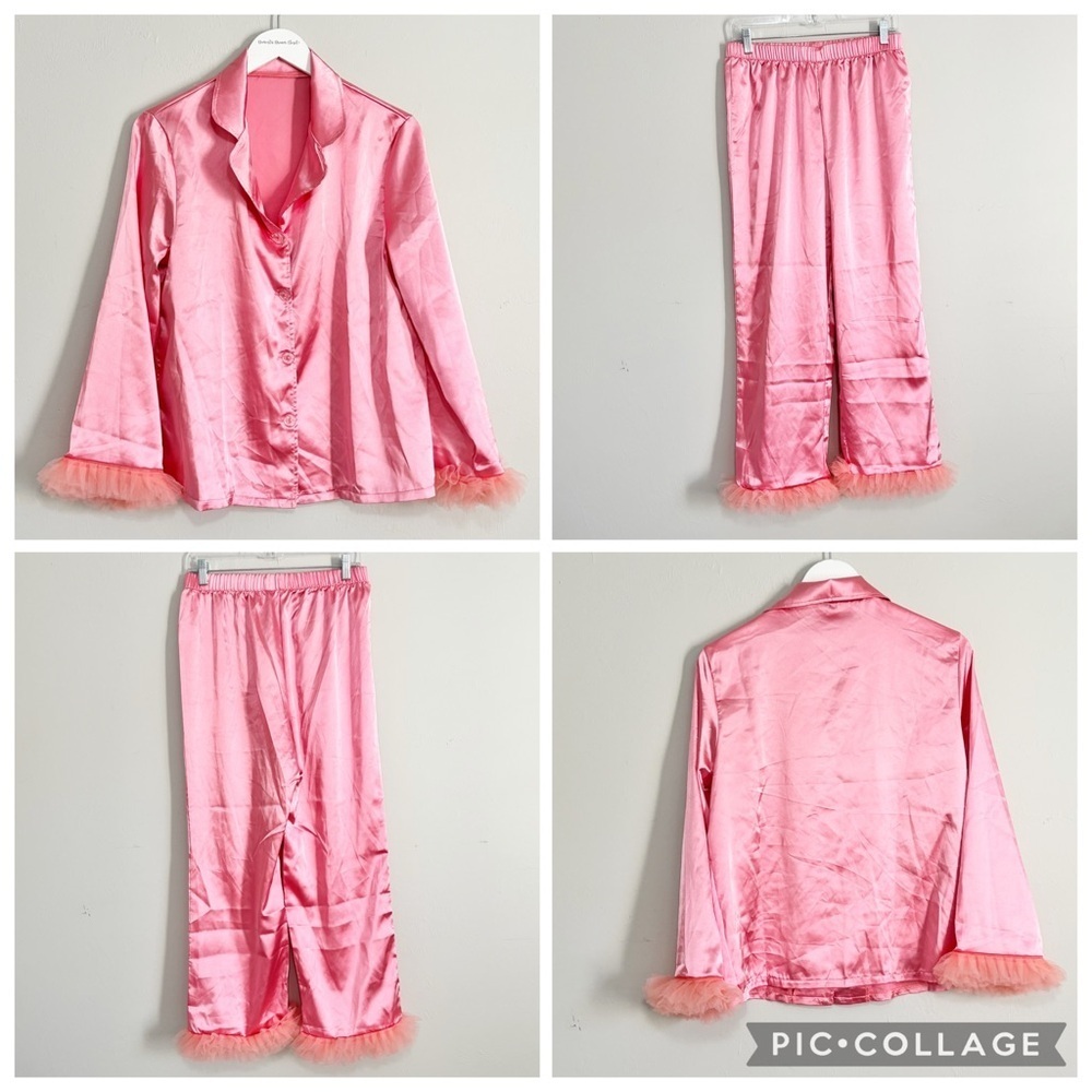 SHEIN Women’s Pink Satin Tulle Trim Pajama Set Cuffs & Hem Embellished Size L